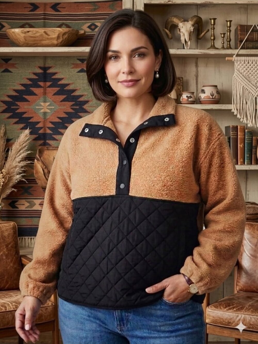 Size Medium J Crew Sherpa Fleece Quilted Pullover Brown Black Snap Buttons 3/4